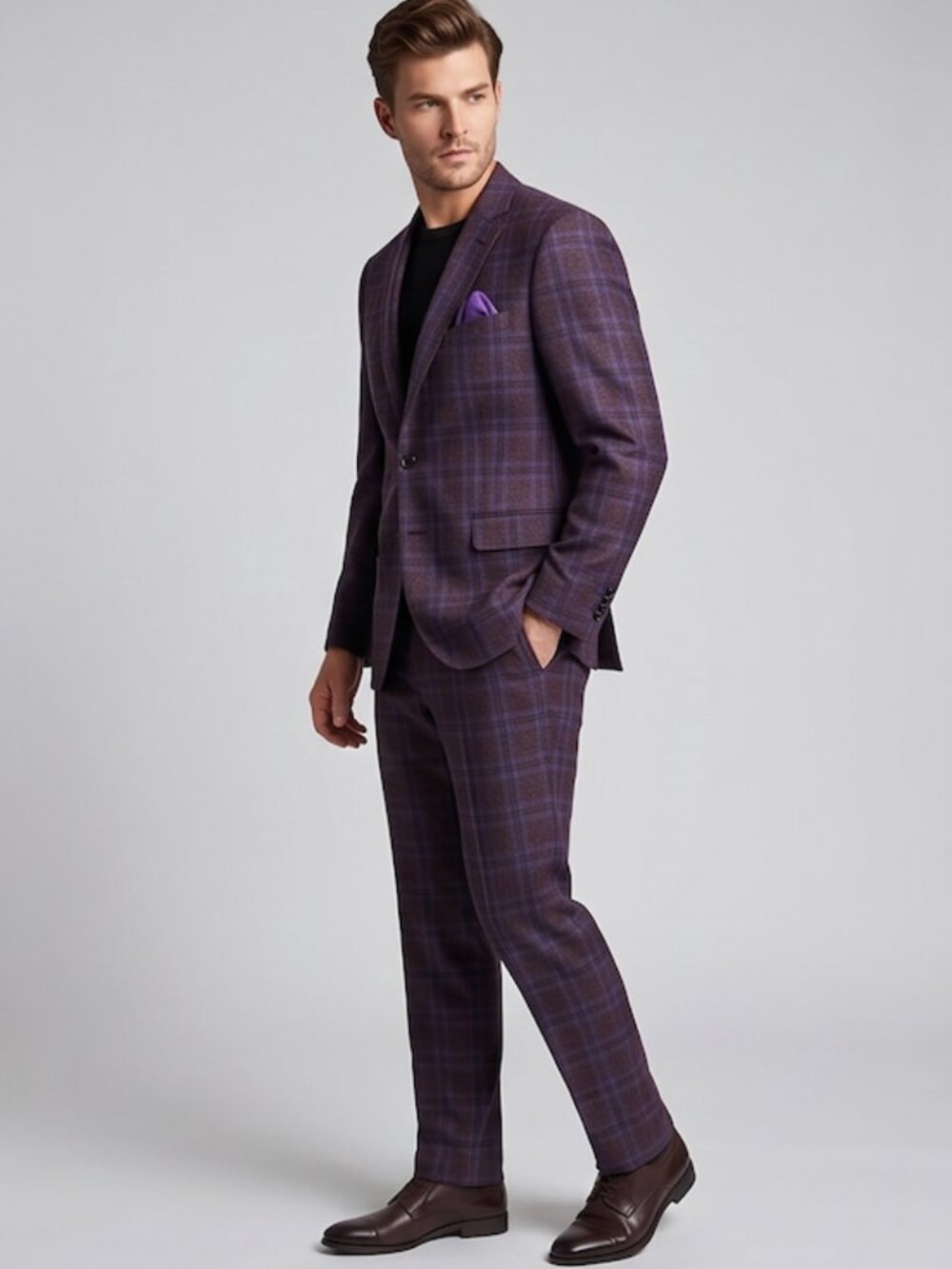 Paisley & Gray Slim Fit Brown Violet Plaid Jacket And Pant
